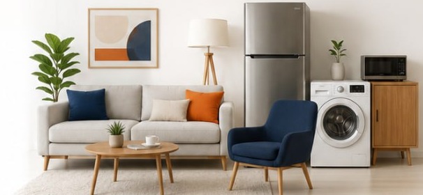 Cozy living room with rental furniture and appliances