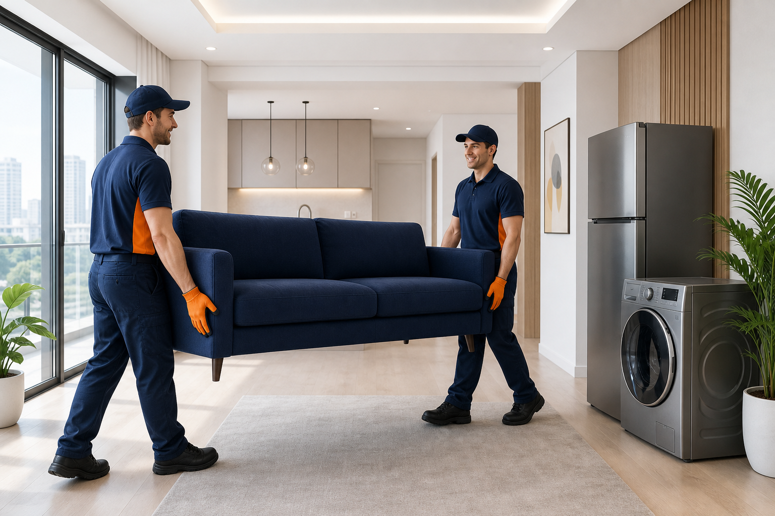 NestReady delivery and setup specialist carrying sofa